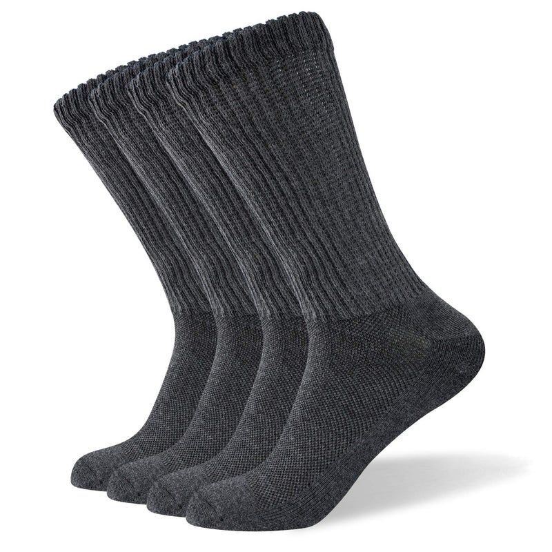 W WELL KNITTING Well Knitting Diabetic Socks for Men & Women, Coolmax Medical Circulation Crew Mid Calf Socks with Seamless Toe, Non-Binding Top, and Padded Sole, 4 Pairs (Dark Grey,XL) - Image 1
